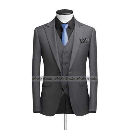 Grey 3 Piece Suit With V Shape 5 Button Waistcoat