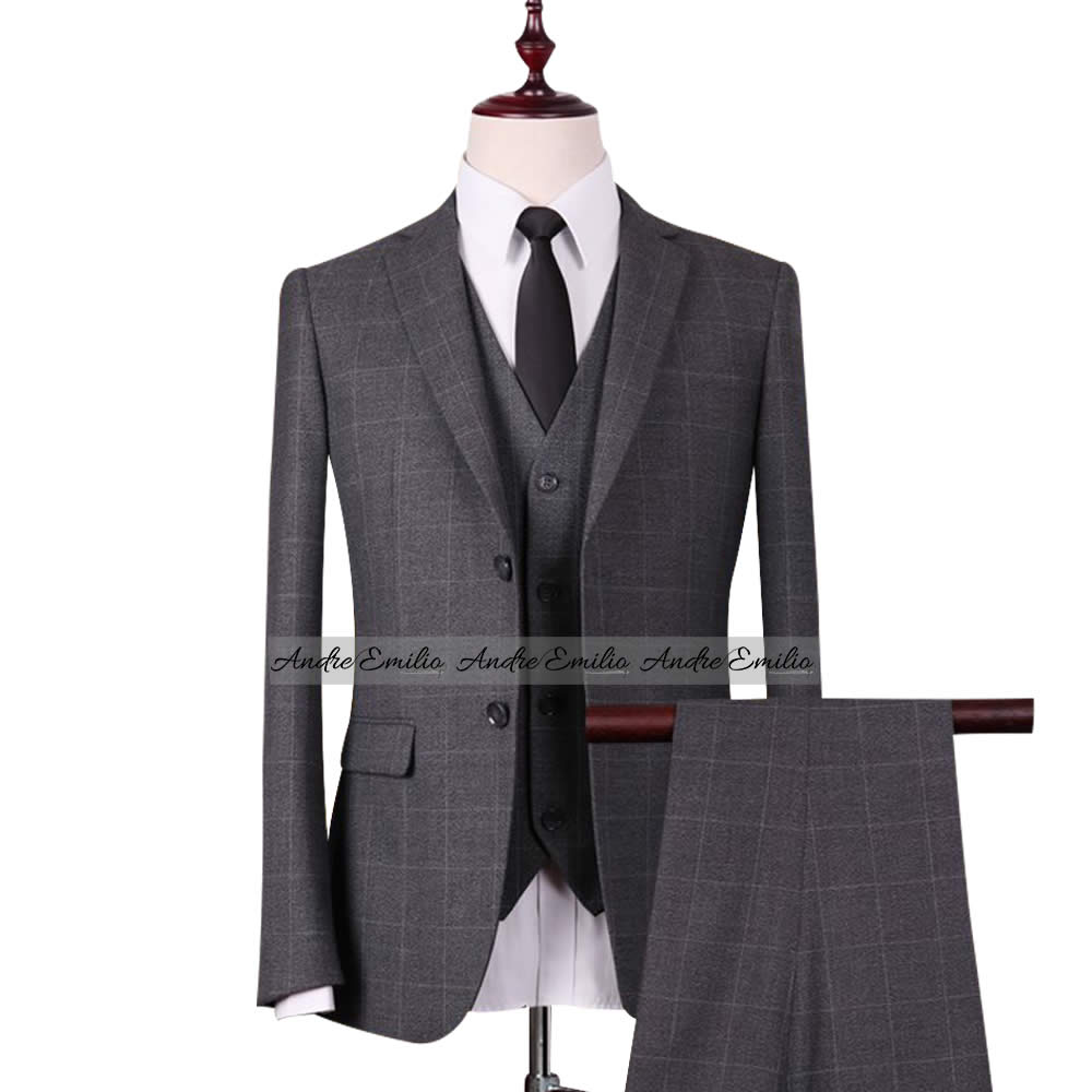 Gray Window Pane check 3 pcs Suit with V-Shape Waistcoat