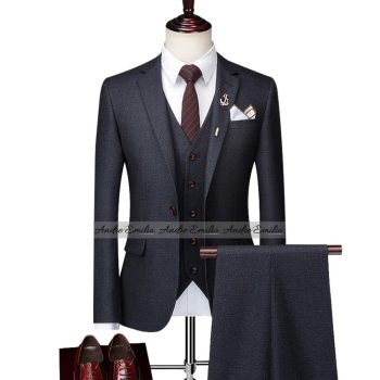 Dark Gray 3 Piece Suit With V Shape 5 Button Waistcoat