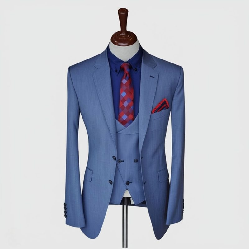 Blue Grey 3 Piece Suit With Double Breasted Vest