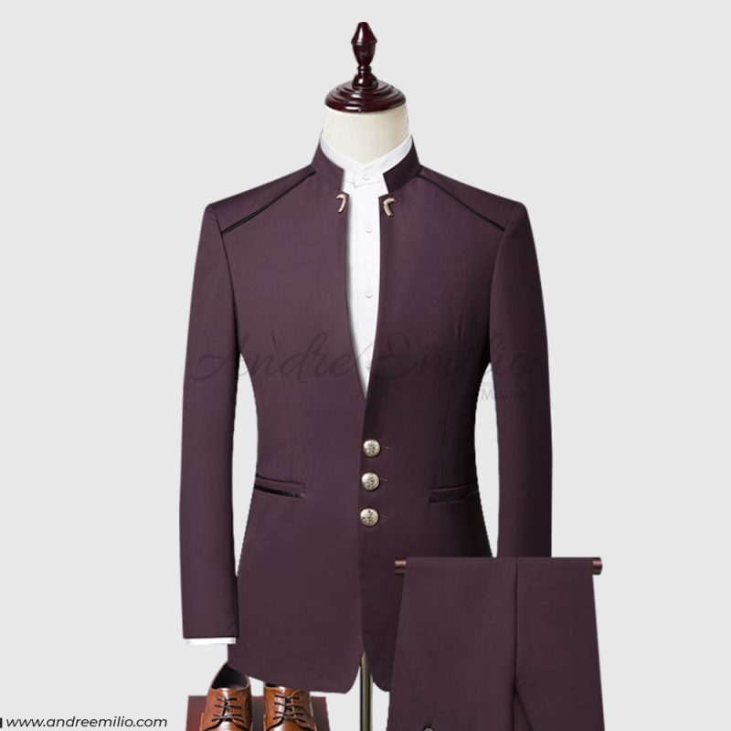 Maroon Mandarin Collar 2 Piece Suit