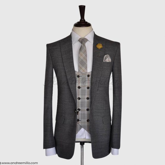 Buy Grey 3 Pcs Suit with V-Shape 5 Button Waistcoat