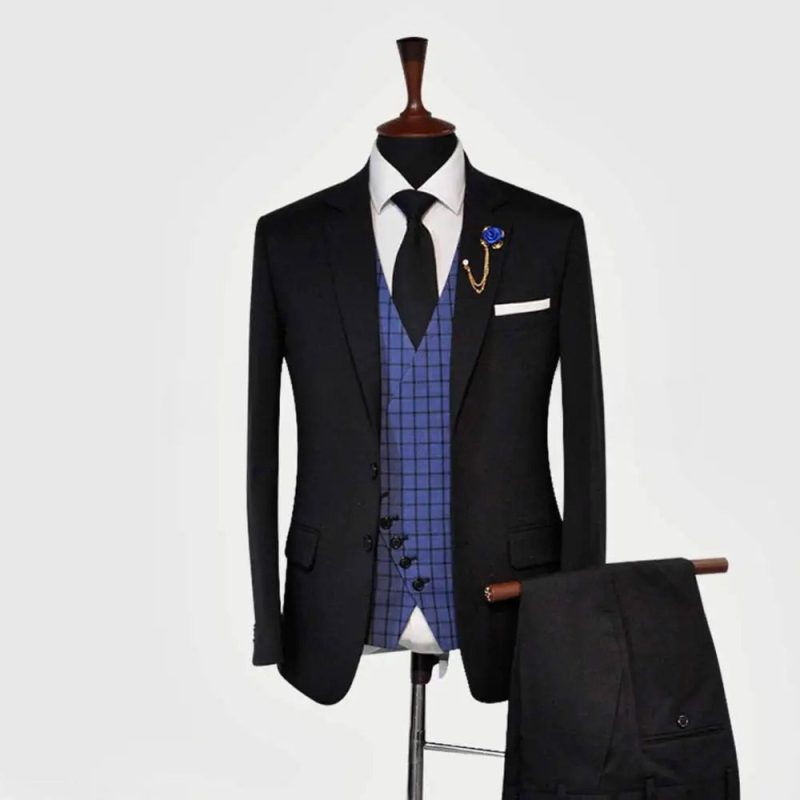 Dark Black 3 Piece Suit With Royal Blue Waistcoat