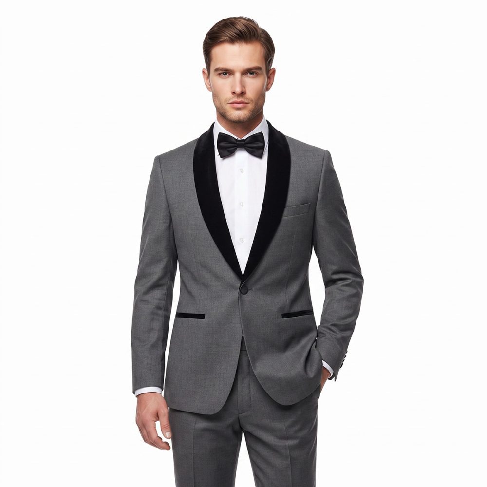 Slim Fit Grey Tuxedo With Black Lapel For Men