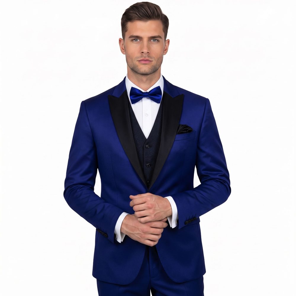 Modern Fit Royal Blue Tuxedo With Black Satin Lapel