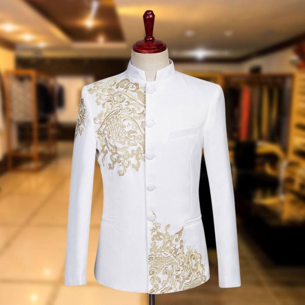 Off-White and Aqua Embroidered Suit Set