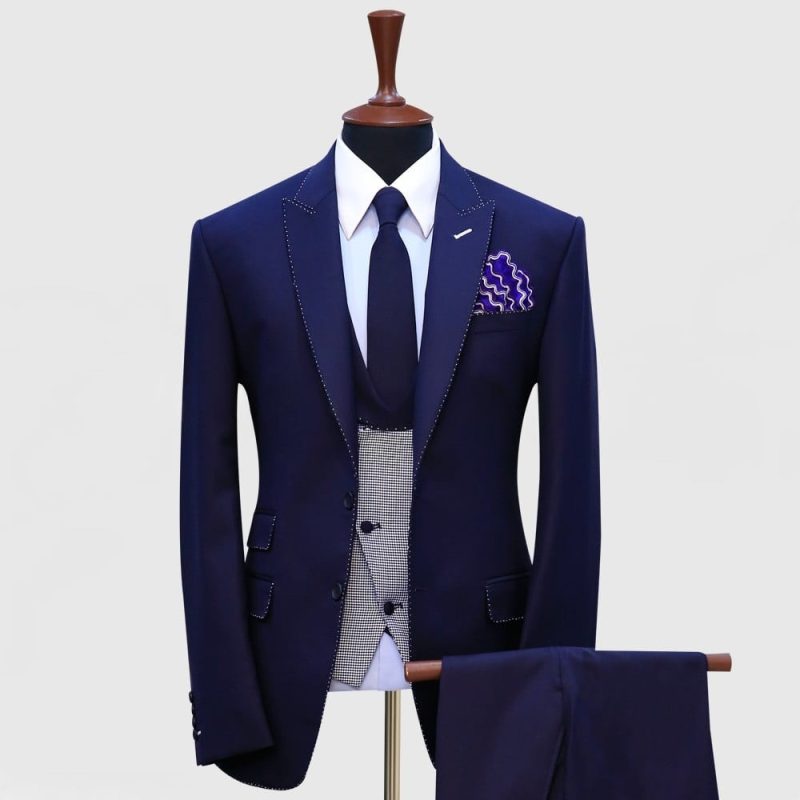 Navy Blue Pick Stitch 3 Piece Suit