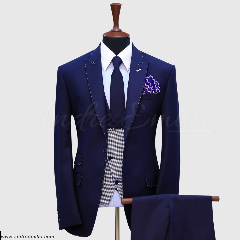 Buy Navy Blue Pick Stitch 3 Piece Suit, 30% Off