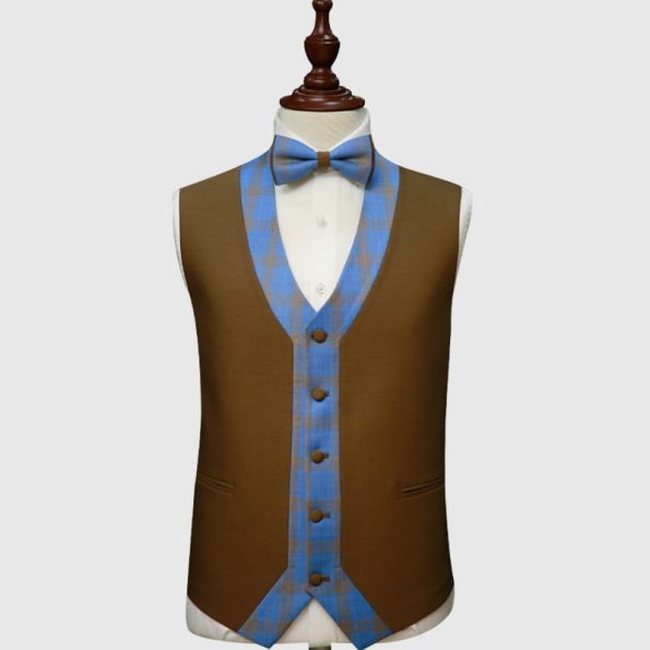Blue Glen Checked 3 Piece Suit Brown Vest