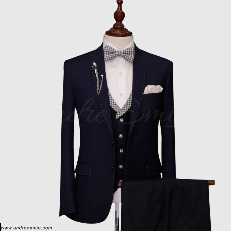 Men Modern Fit Navy Blue 3 Piece Suit