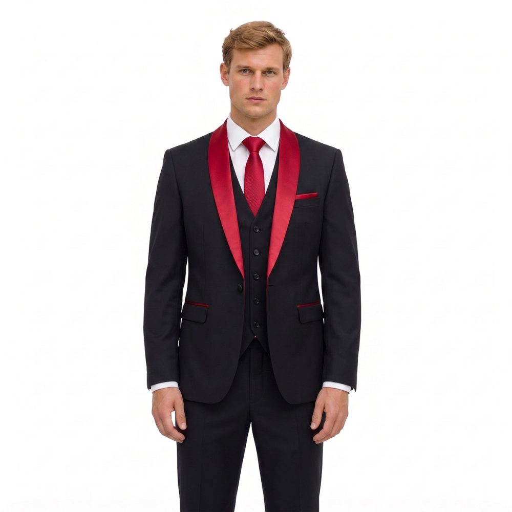 Andre Emilio Black 3 Piece Tuxedo With Red Satin Lapel
