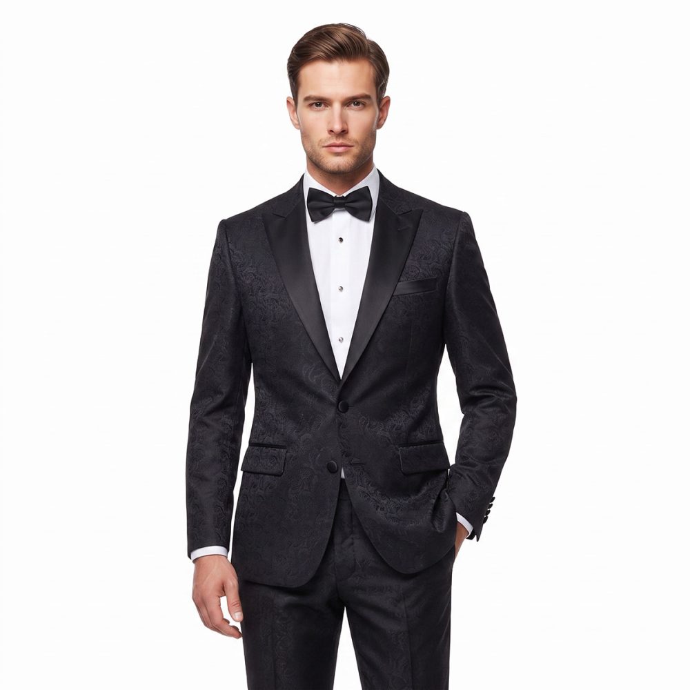 Andre Emilio Textured Black Tuxedo With Satin Peak Lapel