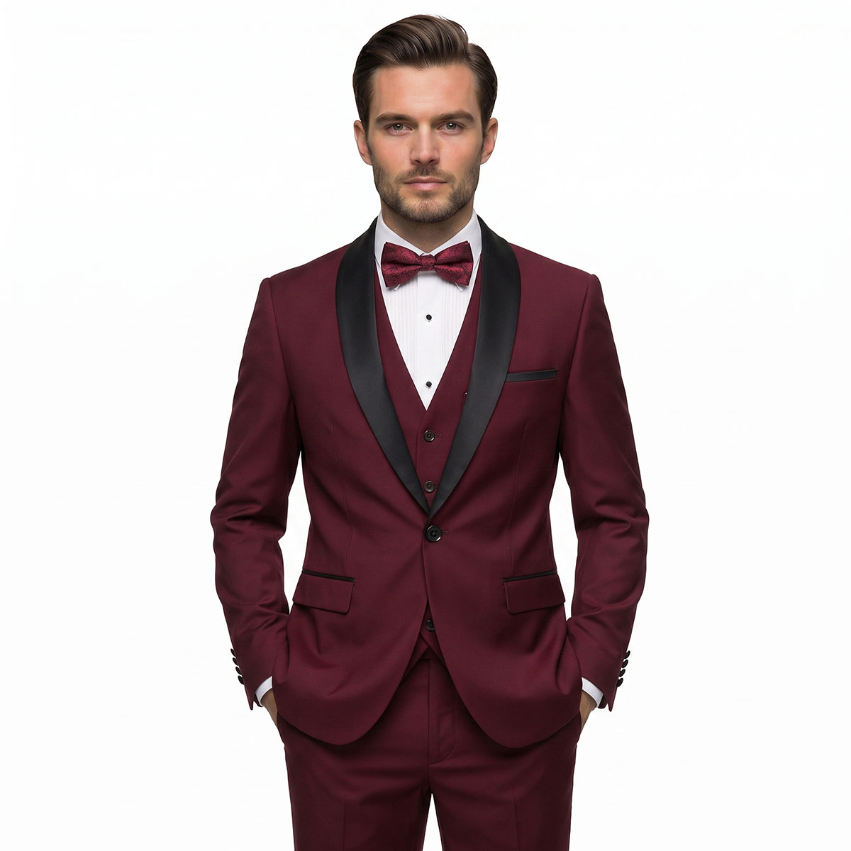 Andre Emilio Maroon Tuxedo Suit With Black Lapel