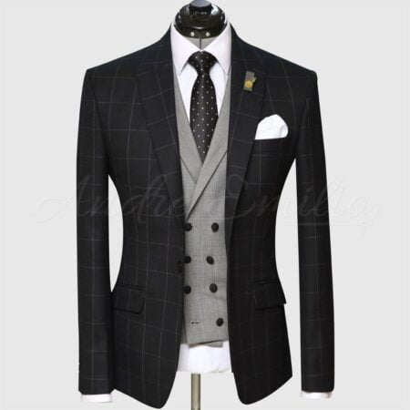 3 Piece Checked Black And Gray Suit