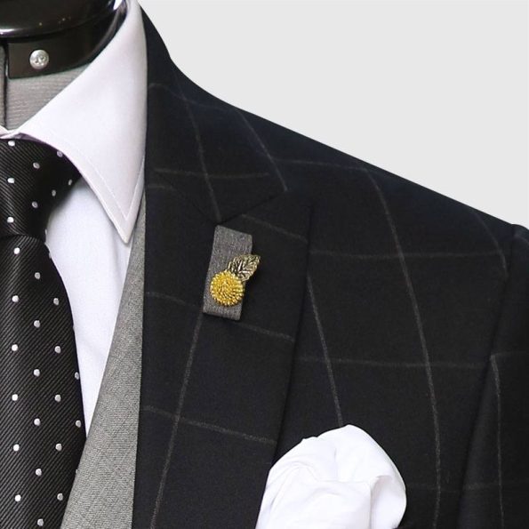 3 Piece Checked Black And Gray Suit Lapel