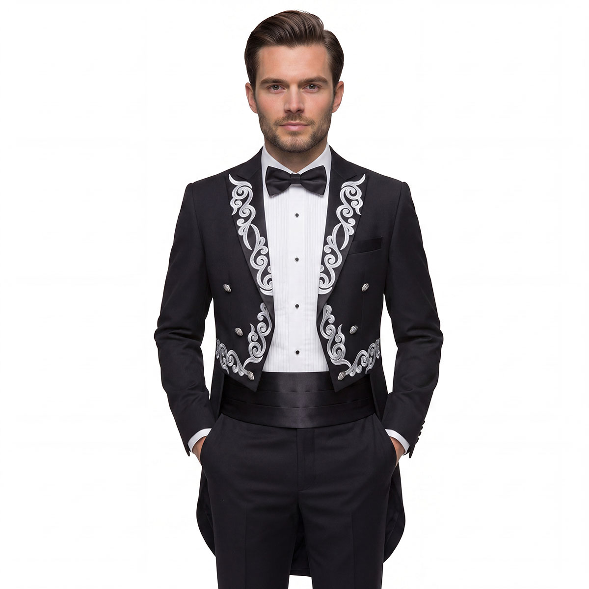 Andre Emilio Men Black British Morning Tuxedo With Silver Hand Embroidery