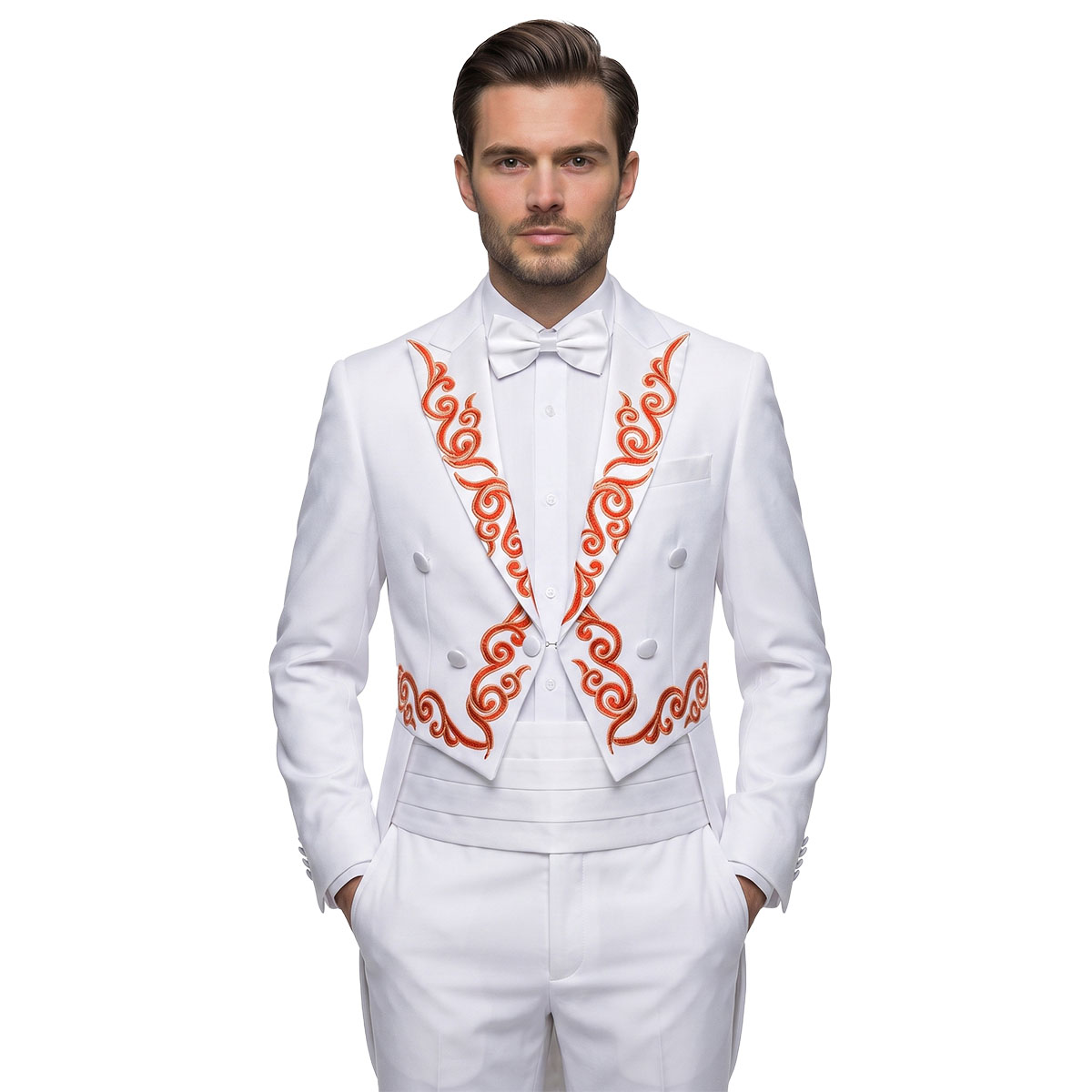 Andre Emilio White British Tuxedo With Gold Trimming On Lapel