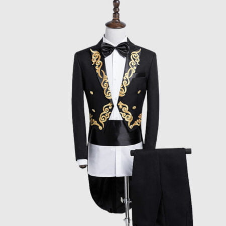 Black British Morning Tuxedo Suit With Golden Pattern