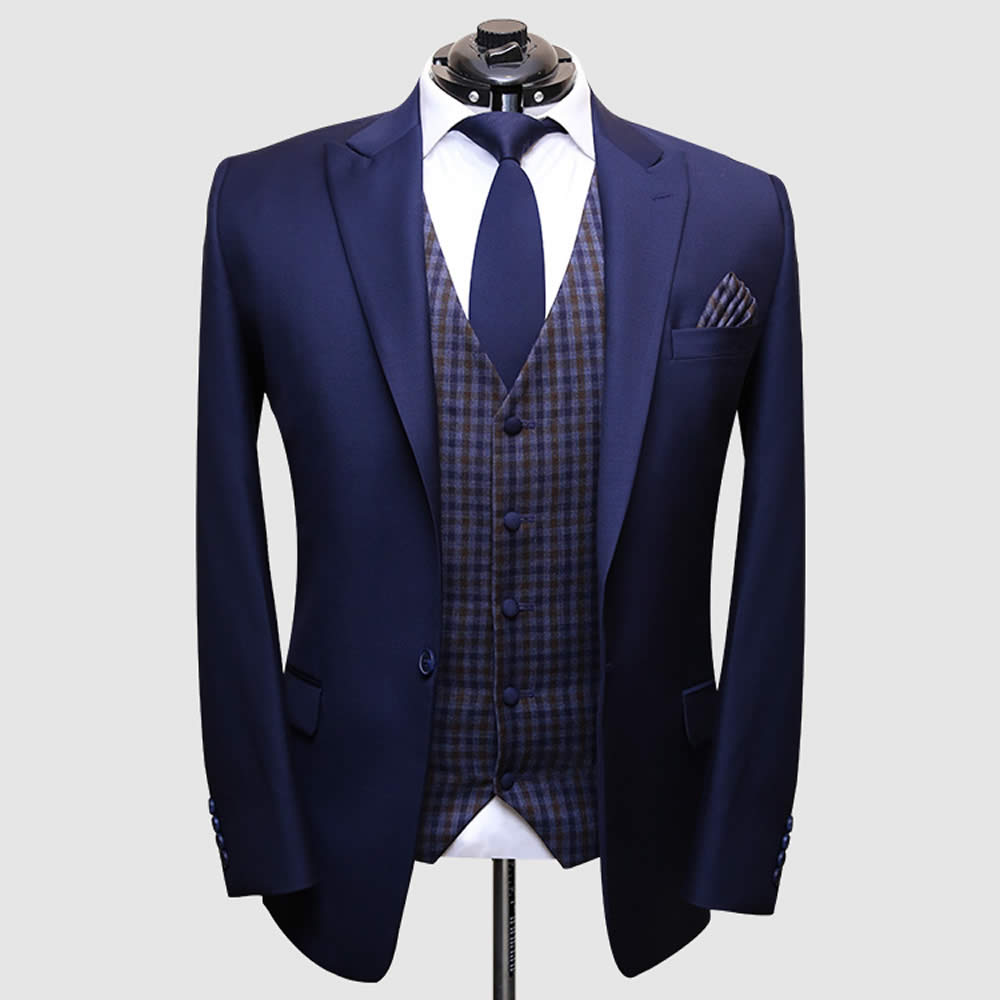 Men Navy Blue Suit With Check Waistcoat - Upto 20 Off