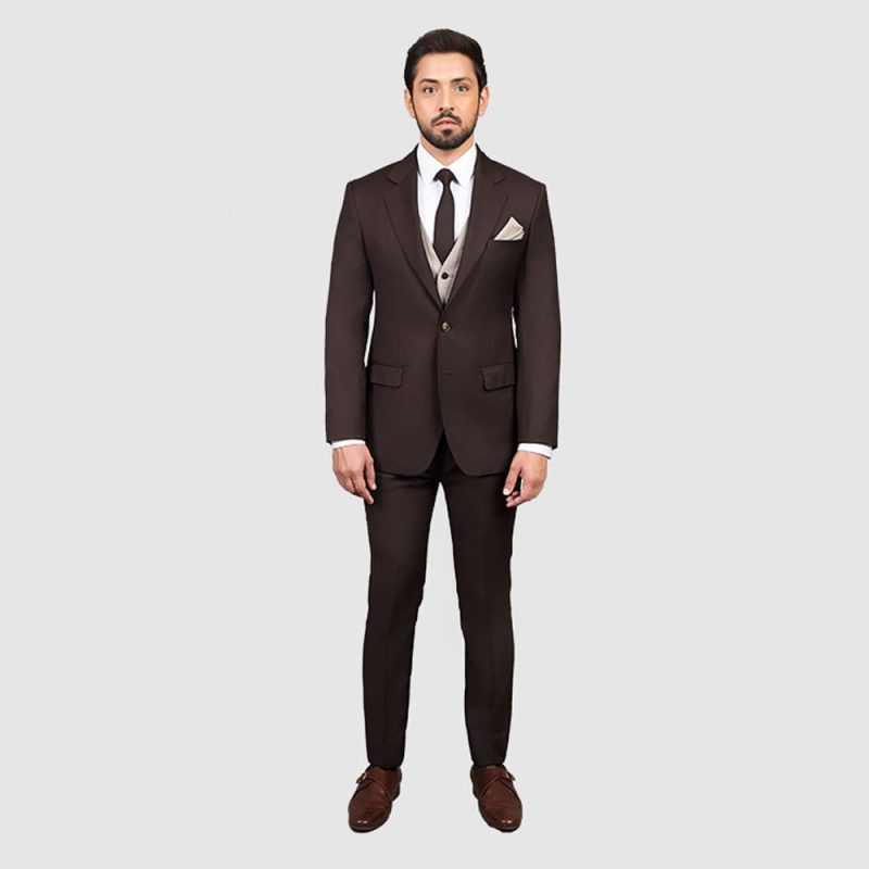 Men Dark Brown 3 Piece Suit