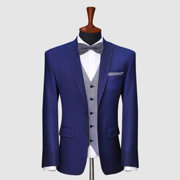 Men Navy Blue Suit With Check Waistcoat - Upto 20 Off