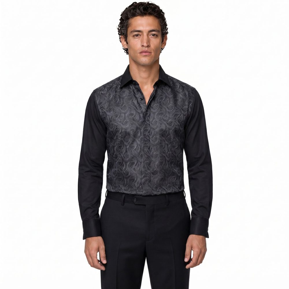 Custom Self Black Textured Shirt For Men With Embroidered Design