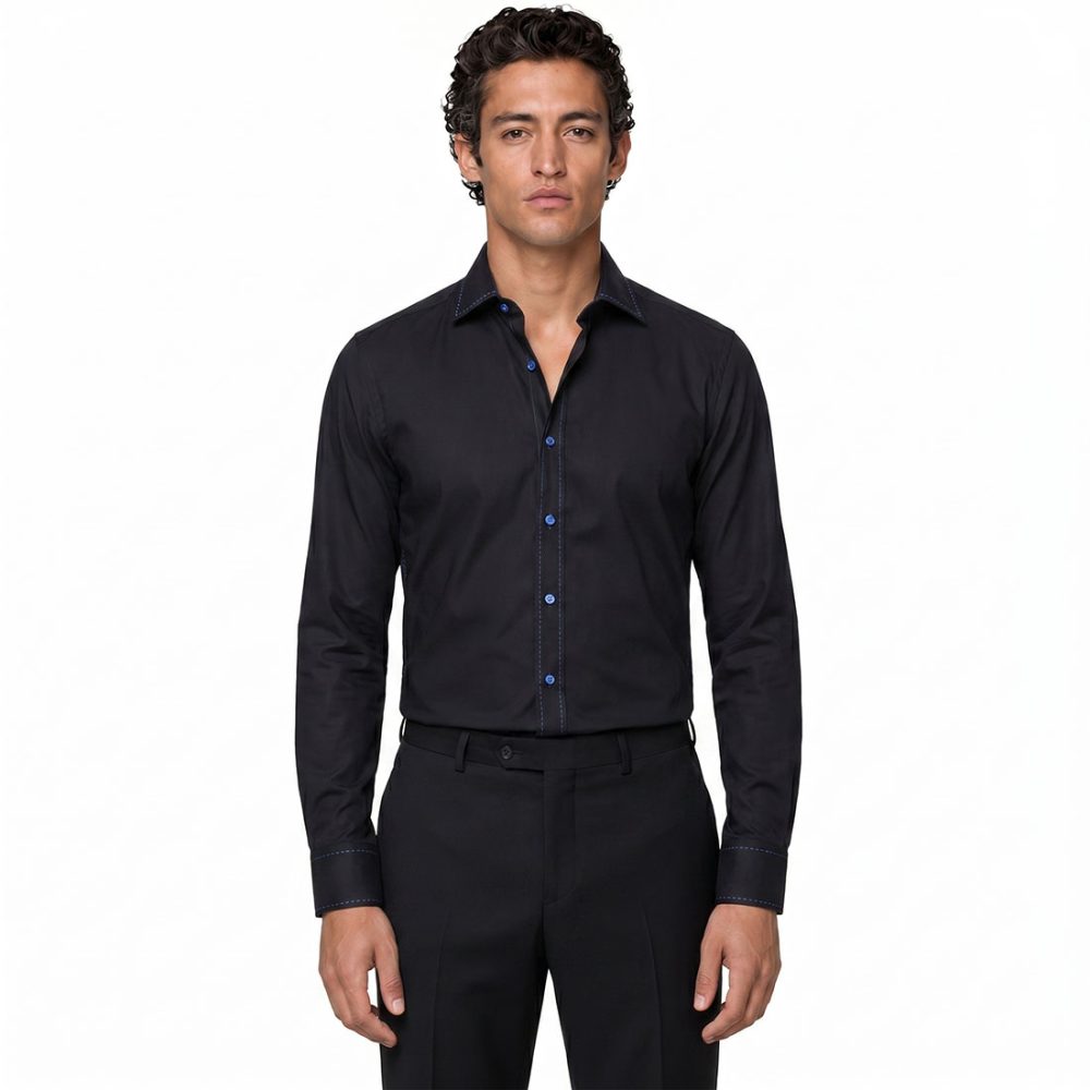 Custom Slim Fit Royal Black Shirt With Wide Spread Collar