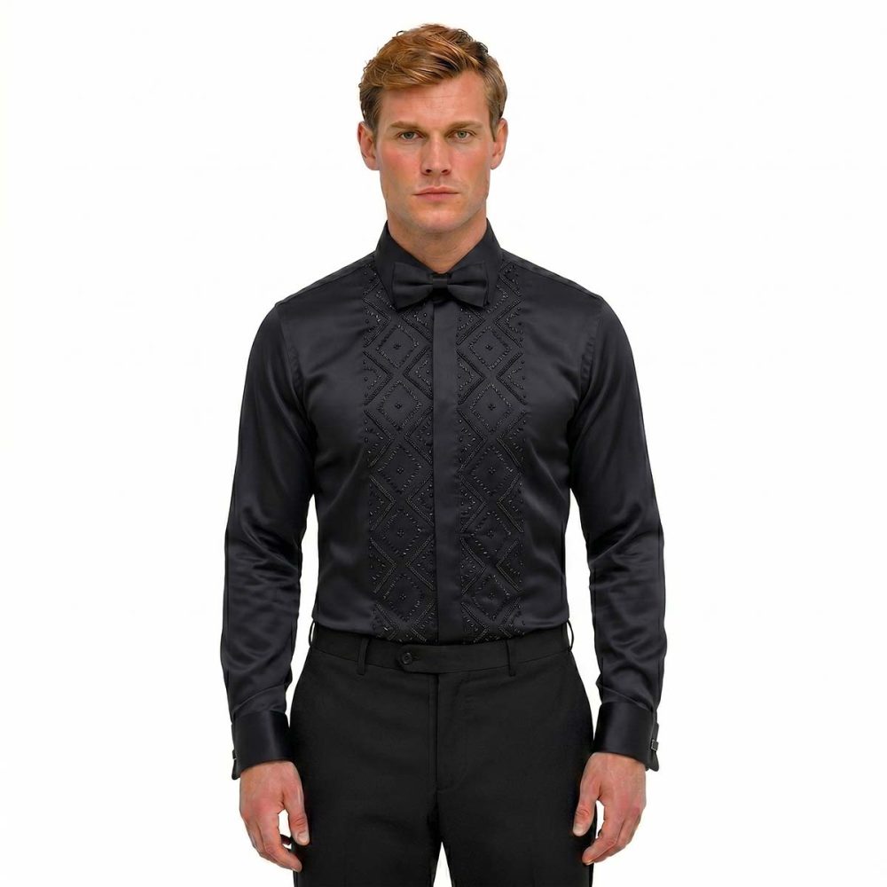 Andre Emilio Mens Black Beaded Tuxedo Shirt