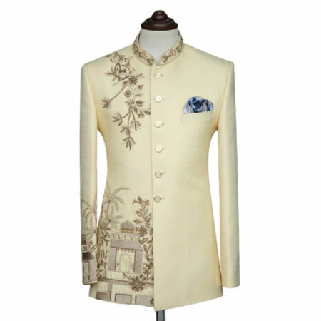 Men Off White Embroidered Luxury Suit
