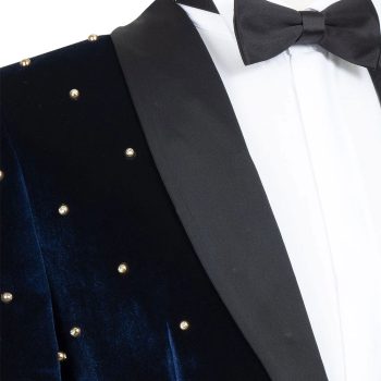 Blue Velvet Tuxedo Jacket With Golden Pearl