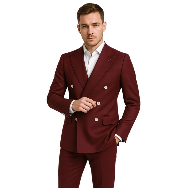 Andre Emilio custom burgundy double breasted suit for men with peak lapels, ideal for wedding or formal events