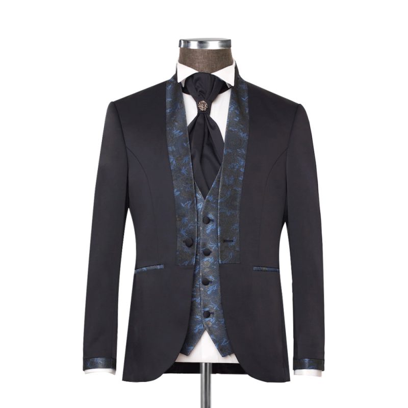 Dark Navy Tuxedo With Floral Shawl Lapel