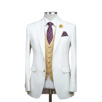 Off White Suit With Golden Texture Vest