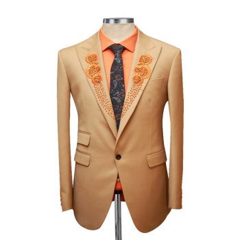 Brown Tuxedo With Orange Embroidery