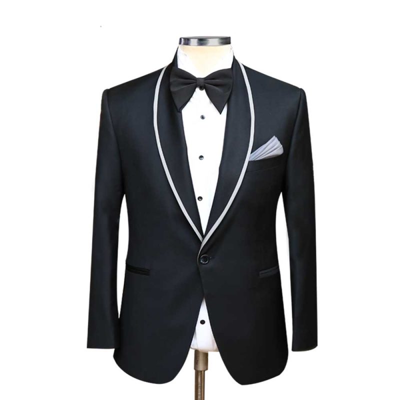Black Blazer With Grey Pipping On Lapel