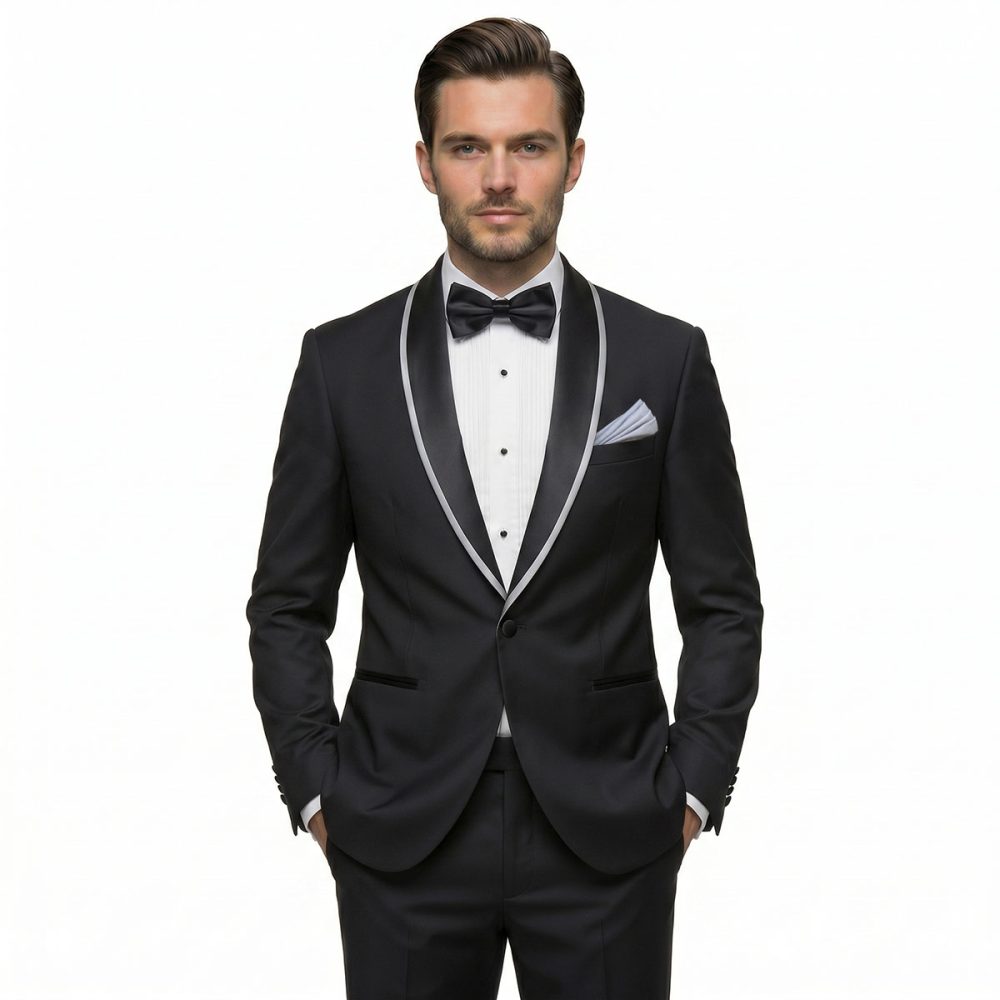 Andre Emilio Black Blazer With Grey Pipping On Lapel