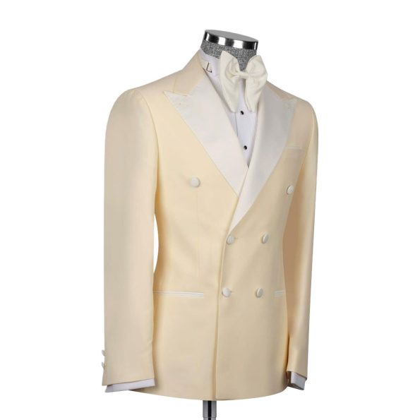 Cream Double Breasted Tuxedo With White Lapel