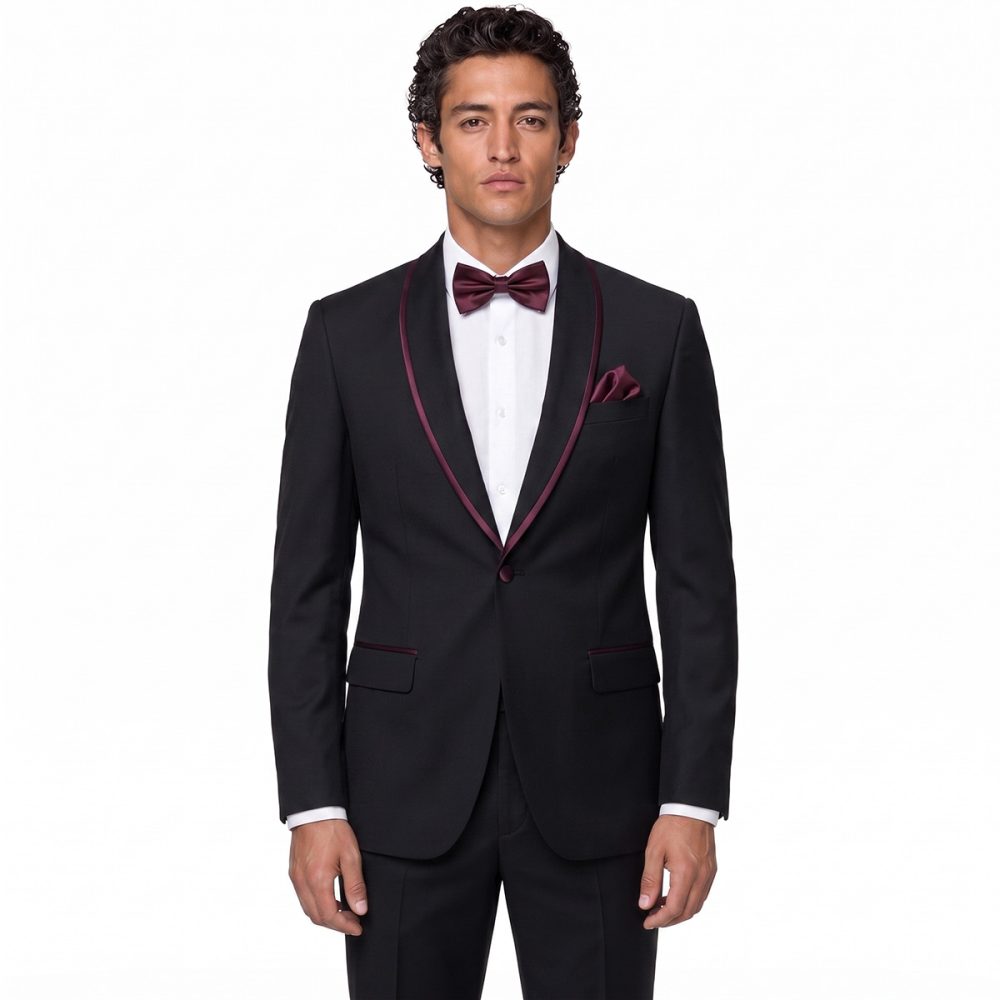 Andre Emilio Black Suit With Maroon Piping On Lapel