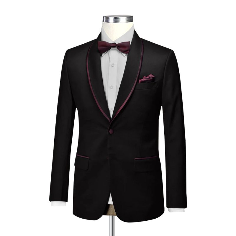 Black Suit With Maroon Piping On Lapel