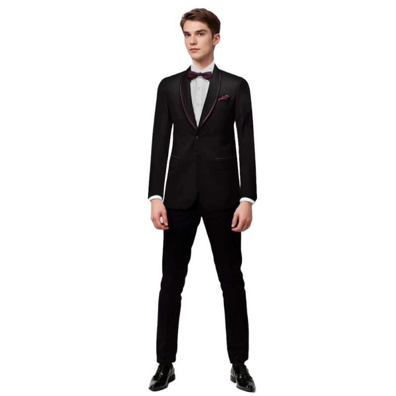 Black Suit With Maroon Piping On Lapel For Men