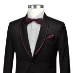 Black Suit With Maroon Piping On Lapel
