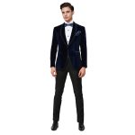 Dark Blue Velvet Tuxedo With Satin Piping