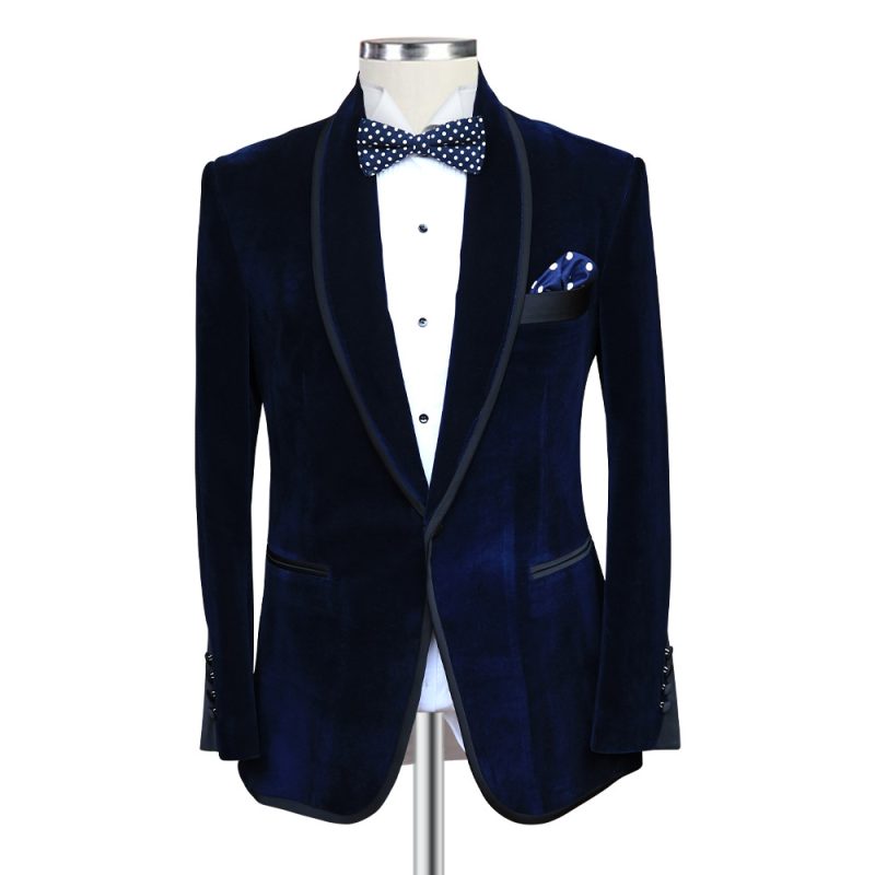 Dark Blue Velvet Tuxedo With Satin Piping
