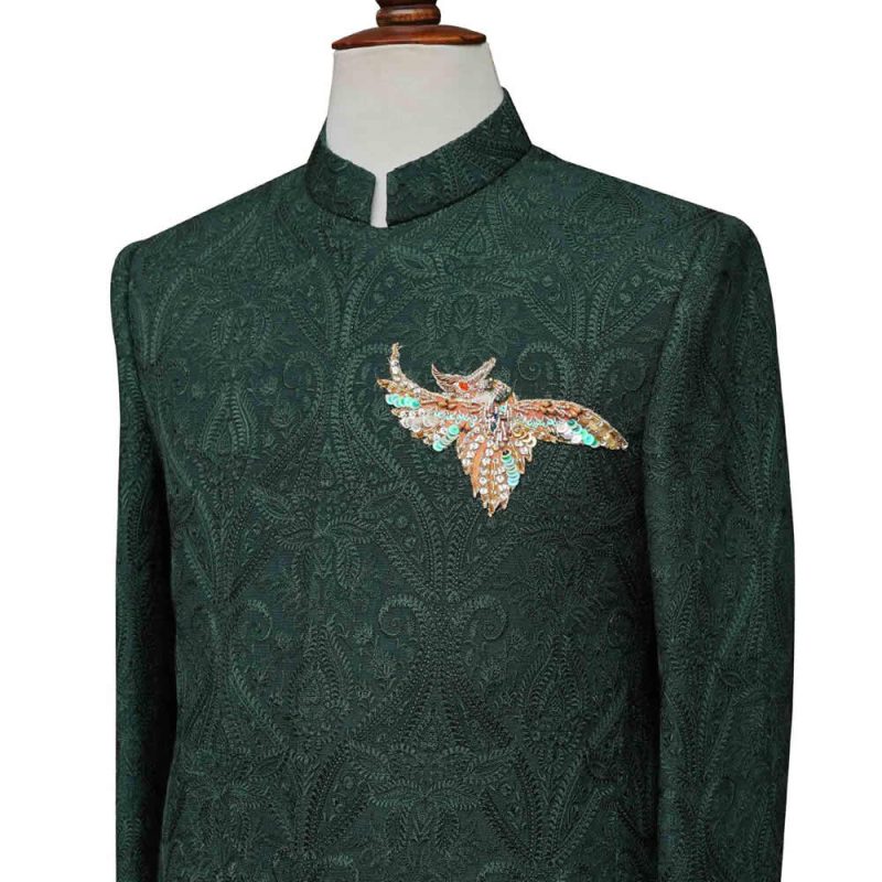 Green Texture Suit With Tap Collar With With Hidden Button