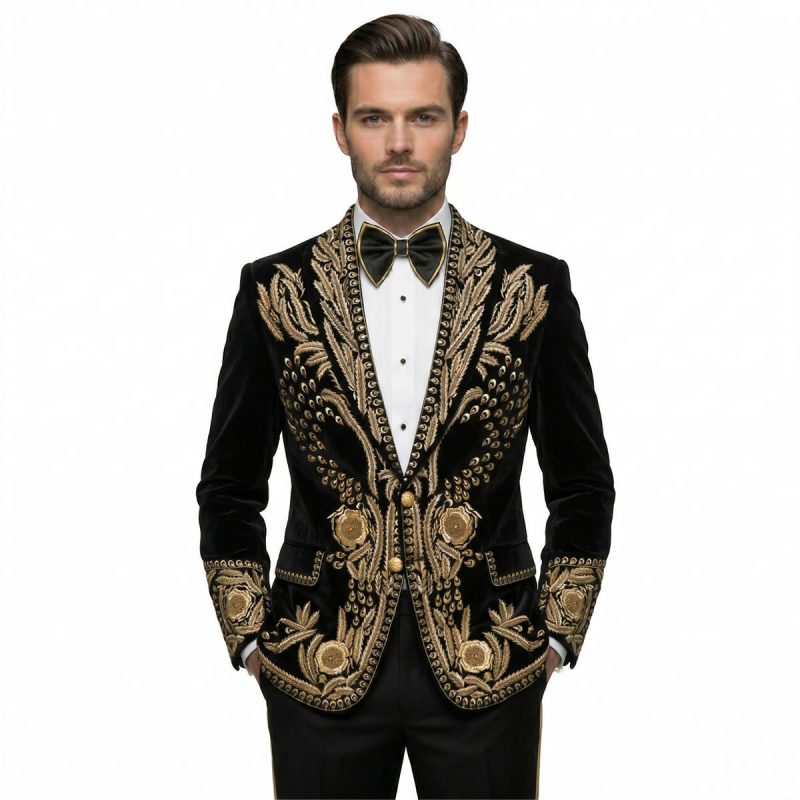 Black Blazer With Golden Hand Embroidery For Men