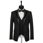 Men Wear Black Tuxedo With Velvet Satin Trimmed Lapel Close Up View