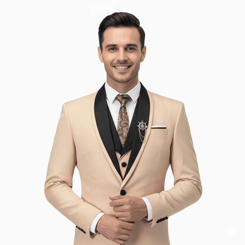 Cream Tuxedo Wedding Suit For Men Colse Up View