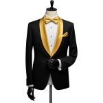 Custom Black Tuxedo With Golden Lapel For Men