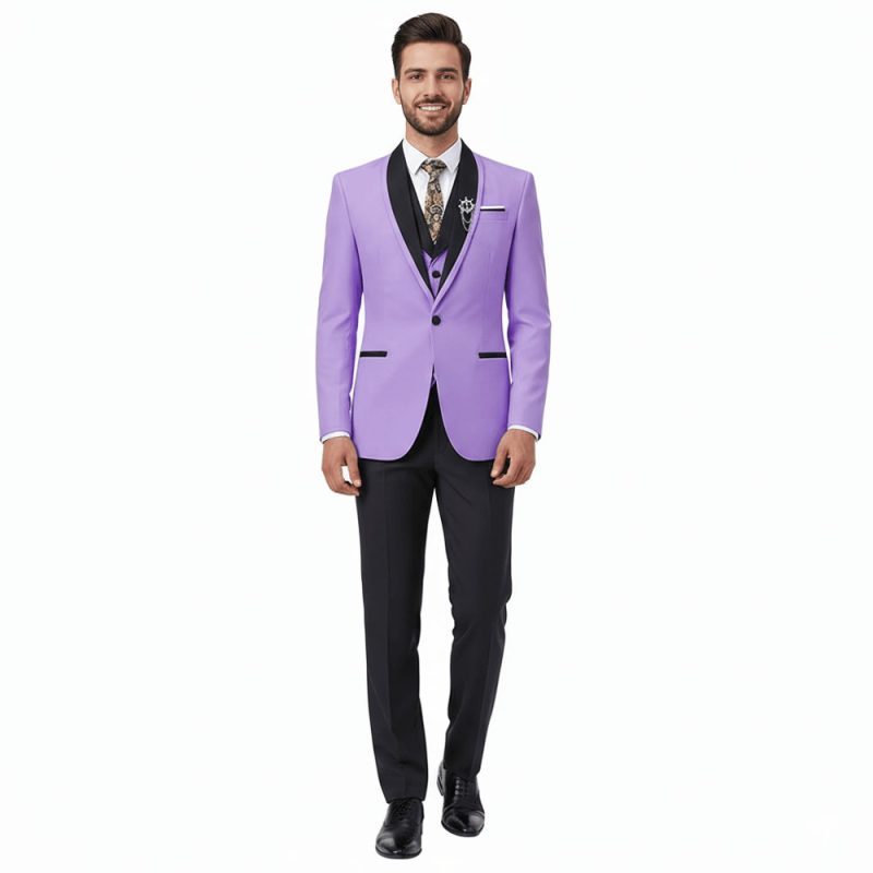 Light Purple Tuxedo Suit With Black Lapel For Men