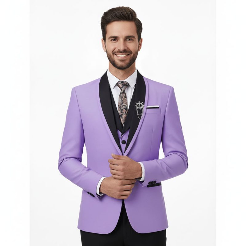 Men Light Purple Tuxedo Suit With Black Lapel Close Up